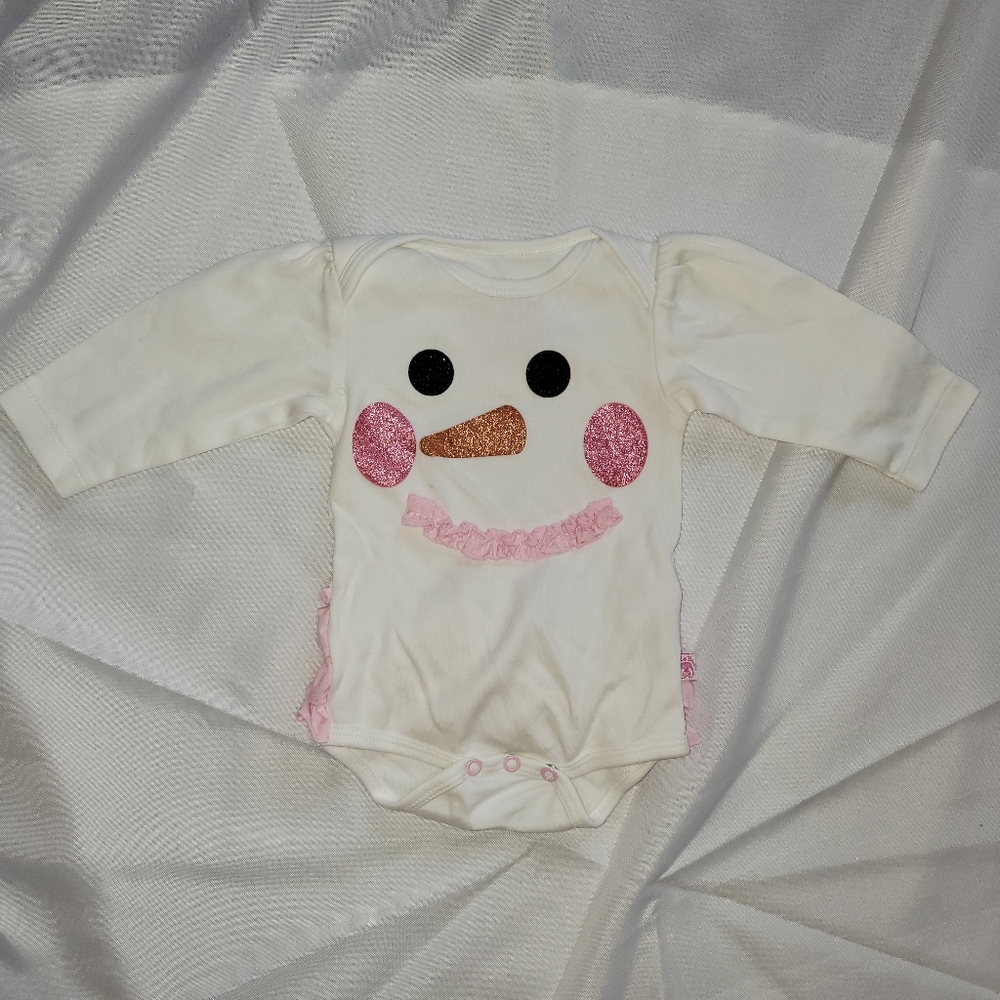 Ruffle Butts Snowman Face Baby Bodysuit Onesie - White and Pink, 3-6 Months